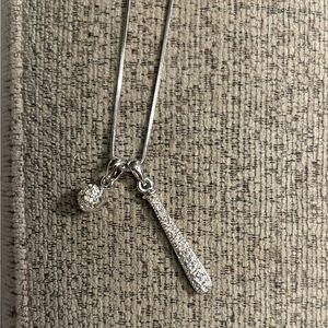 Silver-toned baseball and bat pendant necklace